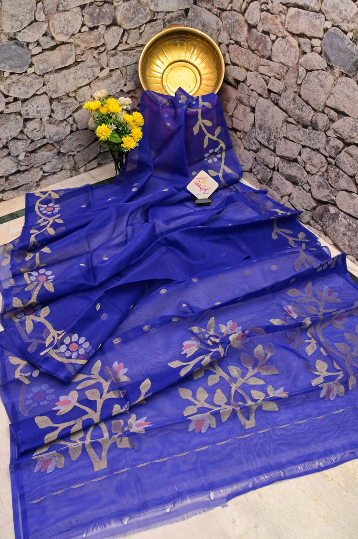 Indigo Blue Color Muslin Saree with Jamdani Weaving