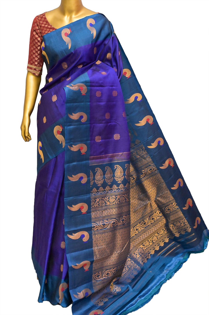 Indigo Blue Color Pure Gadwal Silk Saree with Meenakari and Paithani Design Border