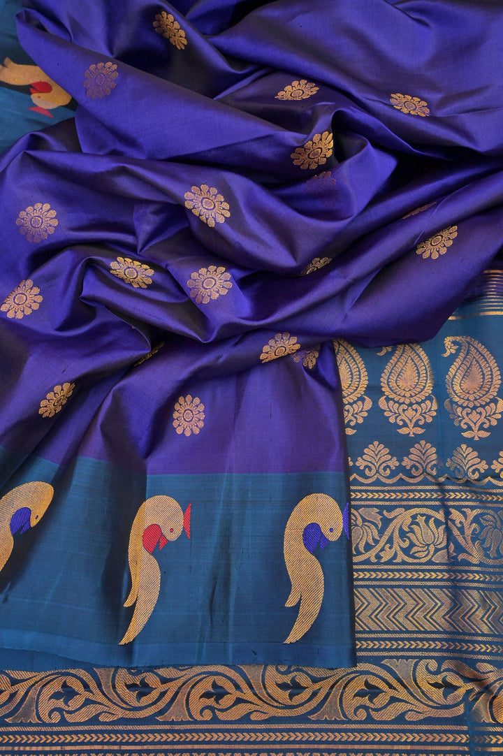 Indigo Blue Color Pure Gadwal Silk Saree with Meenakari and Paithani Design Border