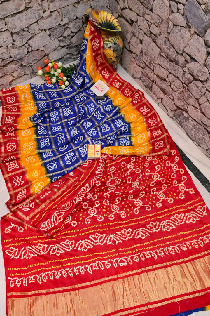 Indigo Blue Color Pure Silk Ghazi Silk Gharchola with Hand Bandhani Work