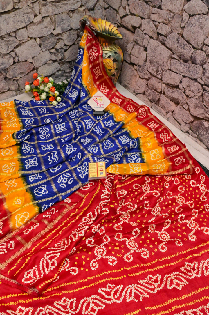 Indigo Blue Color Pure Silk Ghazi Silk Gharchola with Hand Bandhani Work