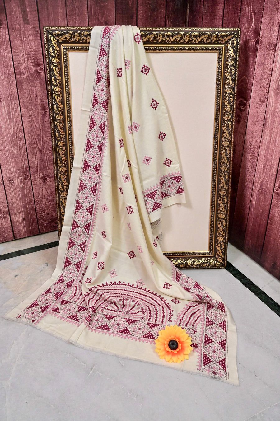 Ivory Color Cottswool Shawl with Allover Hand Gujrati Embroidery
