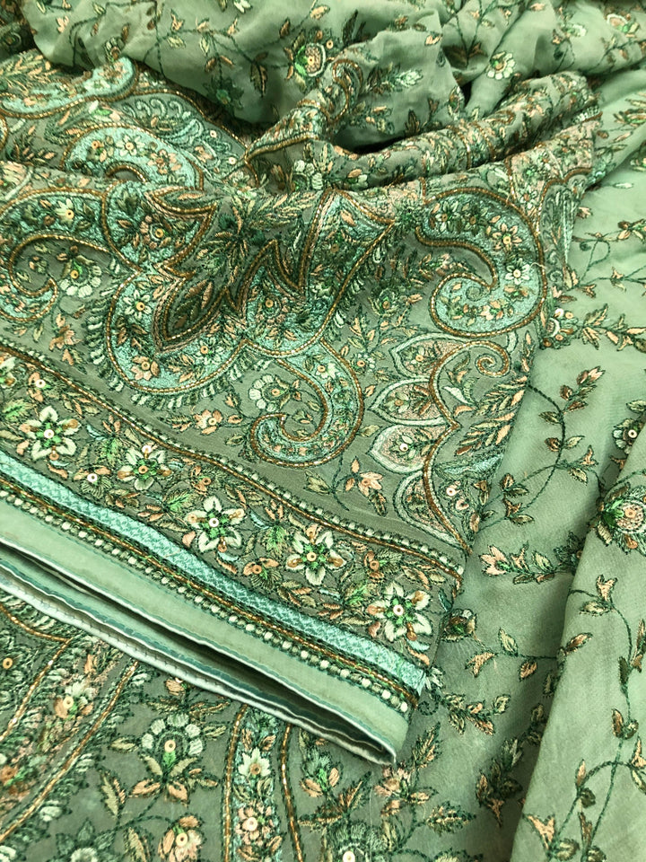 Jade Green Color Designer Georgette Saree with Allover Embroidery Work