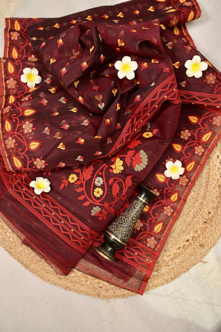 Jamdani Saree in Beetroot Color with Allover Meenakari Buti and Jamdani Weaving Work