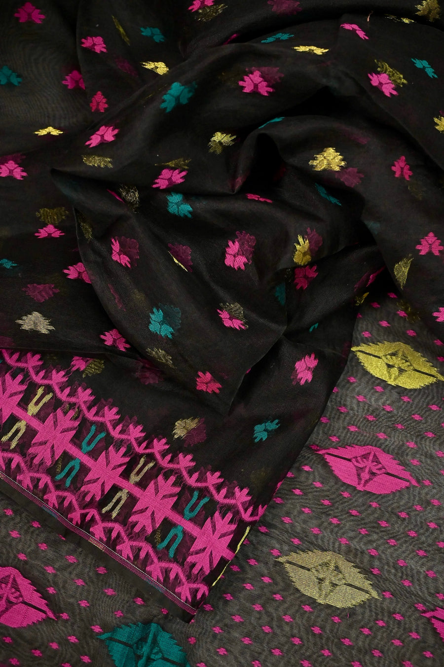 Jamdani Saree in Black Color with Allover Multicolored Jamdani Weaving Work