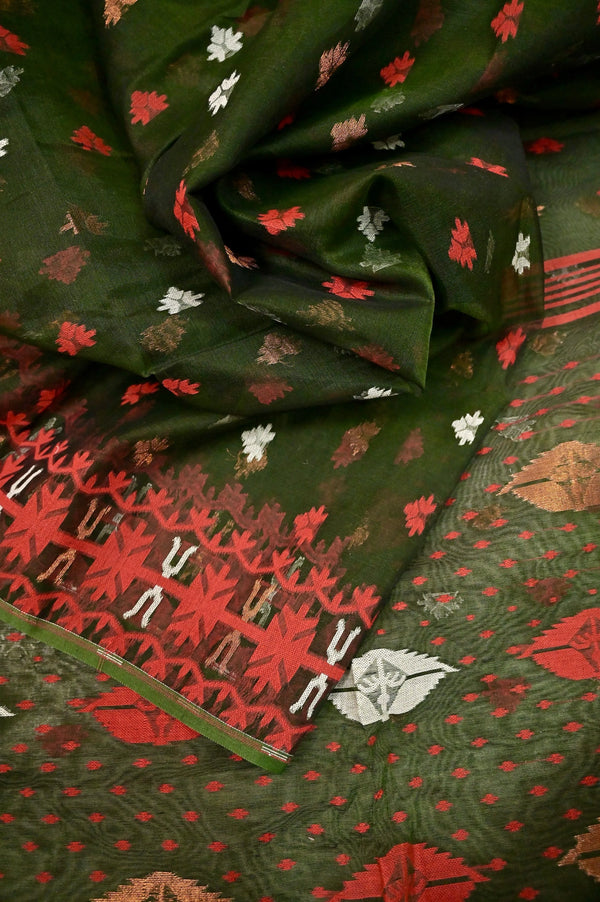 Jamdani Saree in Bottle Green Color with Allover Jamdani Weaving Work