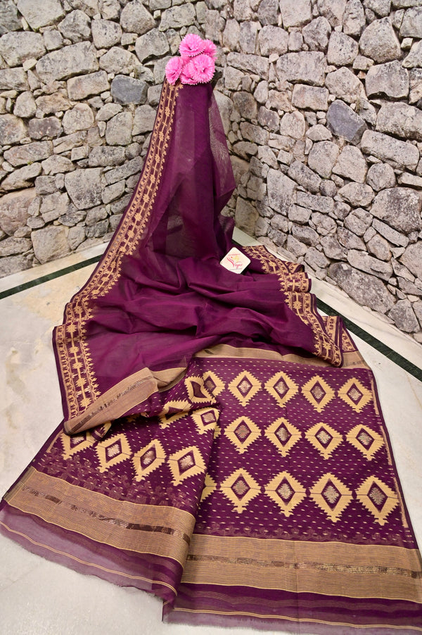 Jamdani Saree in Dark Wine Color with Jamdani Weaving Pallu and Border