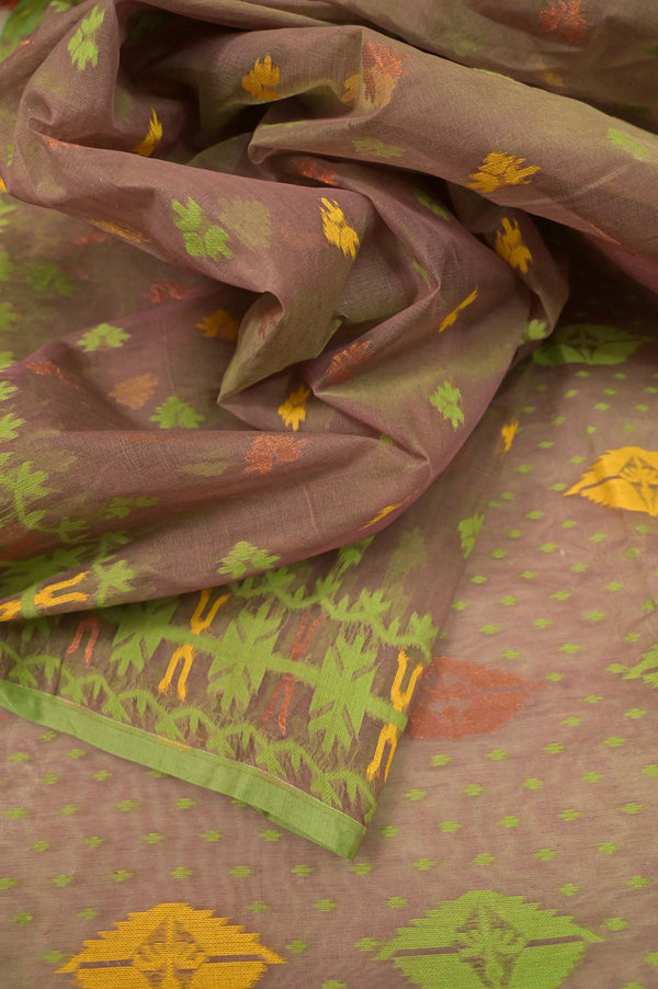 Jamdani Saree in Green and Magenta Dual Tone Color with Allover Jamdani Weaving