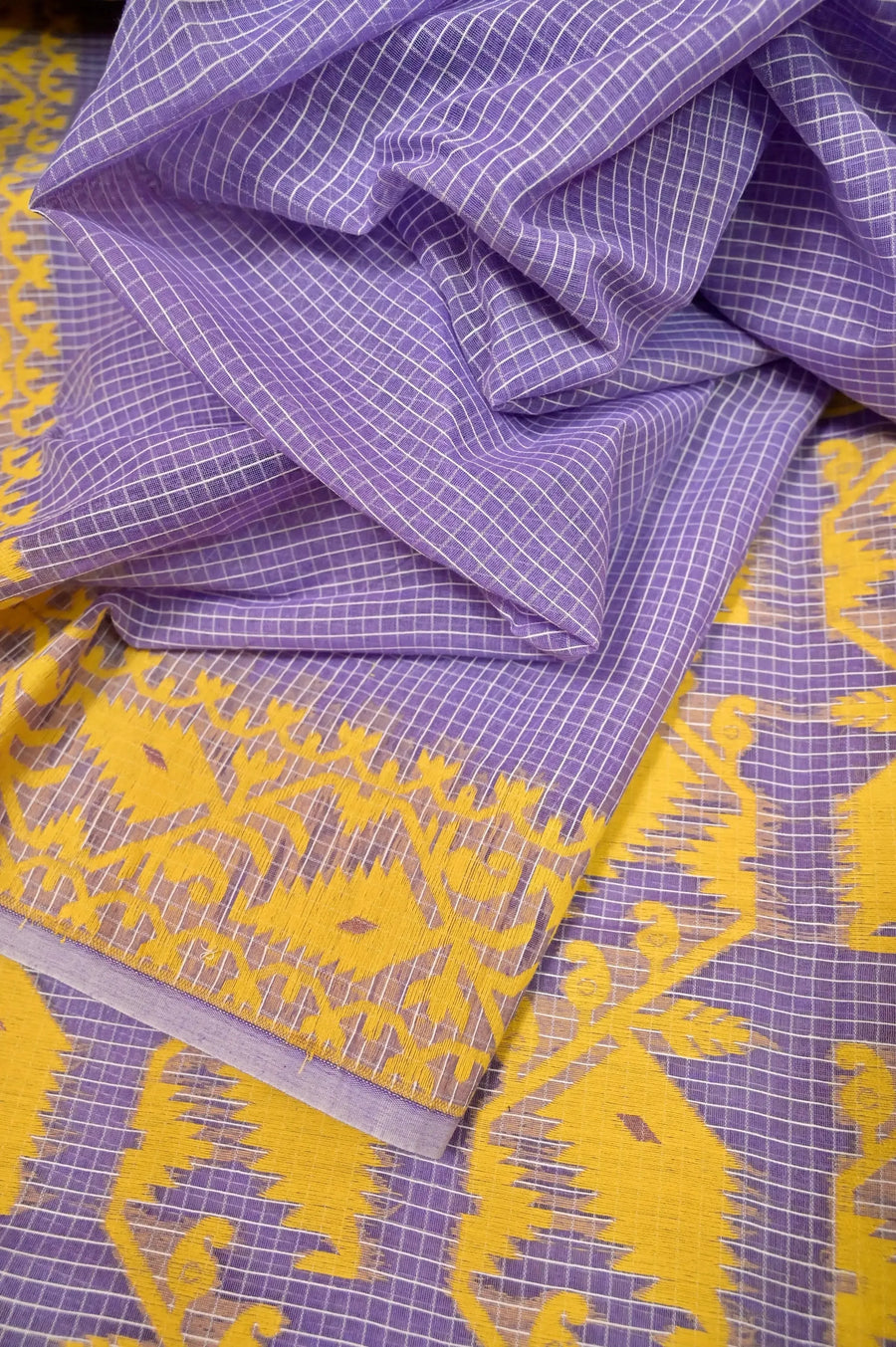 Jamdani Saree in Lavender Color with Allover Checks and Jamdani Weaving Pallu and Border