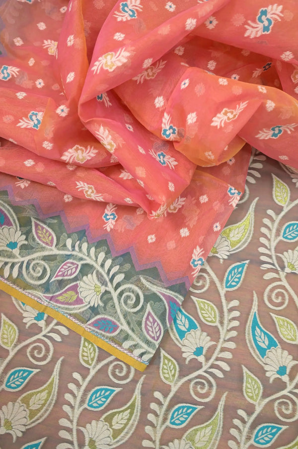 Jamdani Saree in Pink and Yellow Dual Tone Color with Allover Meenakari Buti and Jamdani Weaving Work