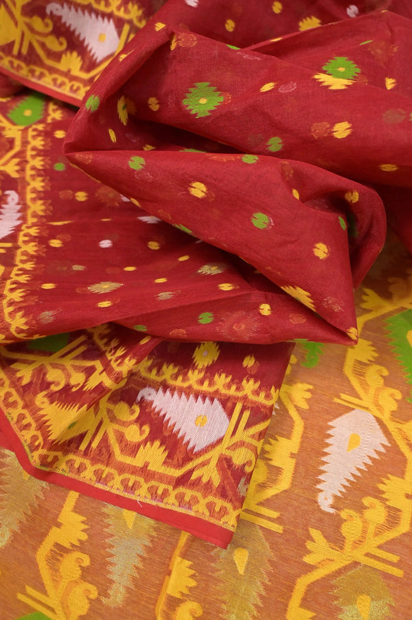 Jamdani Saree in Red and Yellow Color Dual Tone Shade with Pre-Stitched Designer Blouse