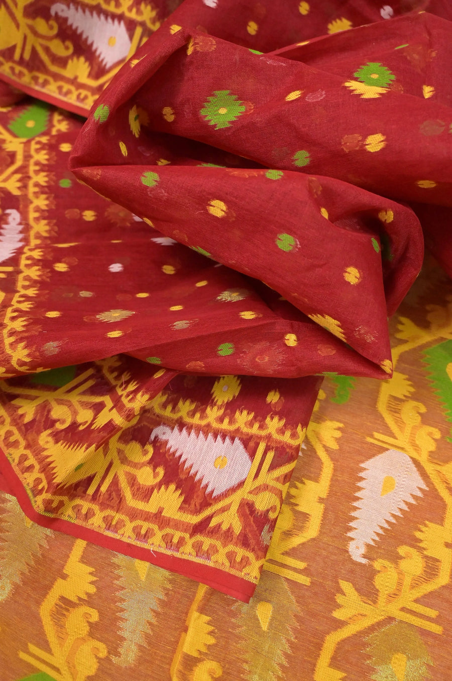 Jamdani Saree in Red and Yellow Color Dual Tone Shade with Pre-Stitched Designer Blouse