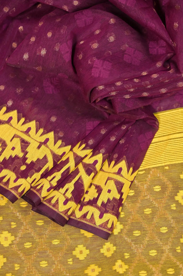 Jamdani Saree in Wine Color with Jamdani Weaving Work in Yellow Color