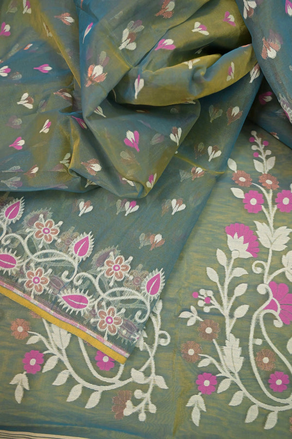 Jamdani Saree in Yellow and Blue Dual Tone Color with Allover Jamdani Weaving