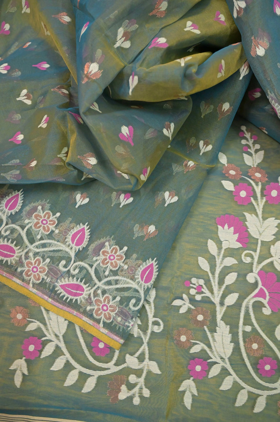 Jamdani Saree in Yellow and Blue Dual Tone Color with Allover Jamdani Weaving