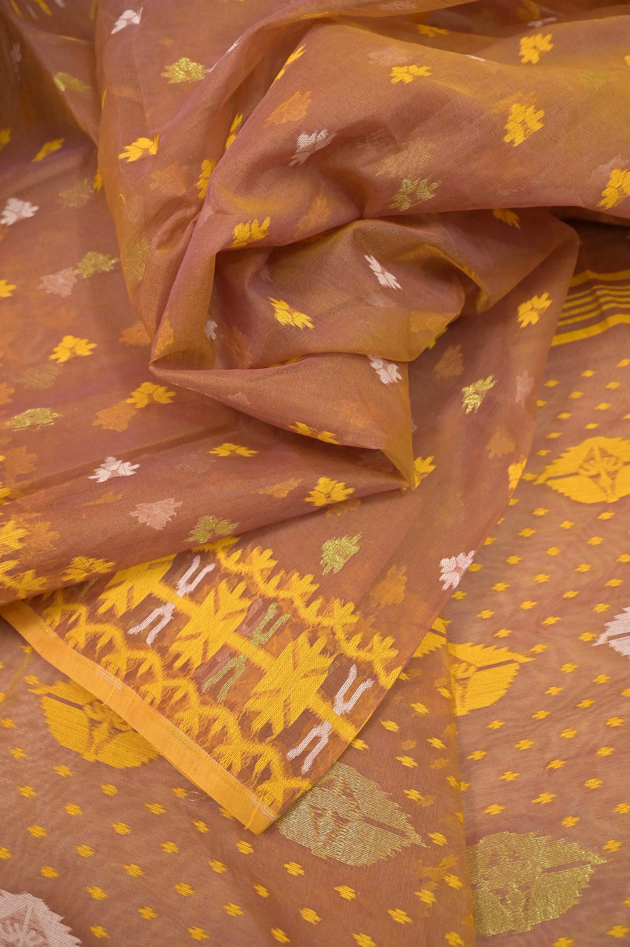 Jamdani Saree in Yellow and Brown Color with Allover Jamdani Weaving Work