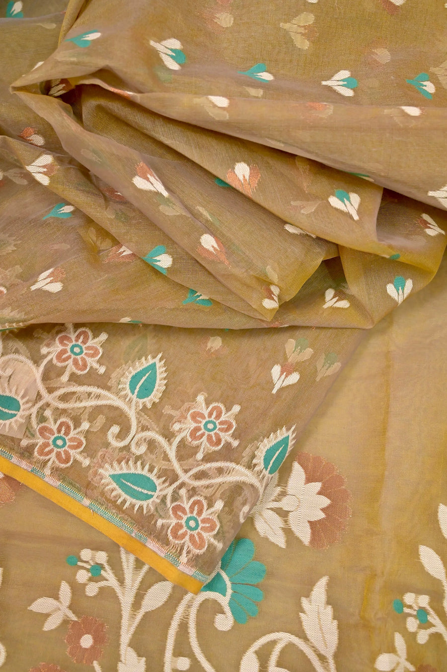 Jamdani Saree in Yellow and Grey Dual Tone Color with Allover Jamdani Weaving