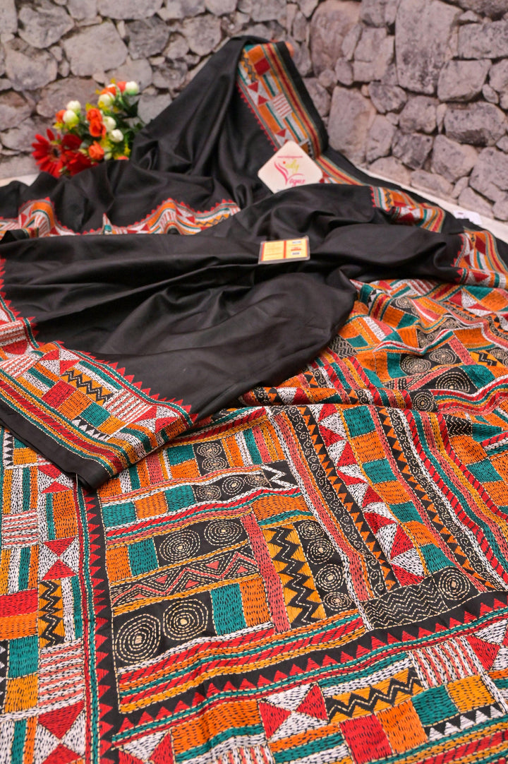 Jet Black Color Bangalore Silk Saree with Hand Kantha Stitch Embroidery Work