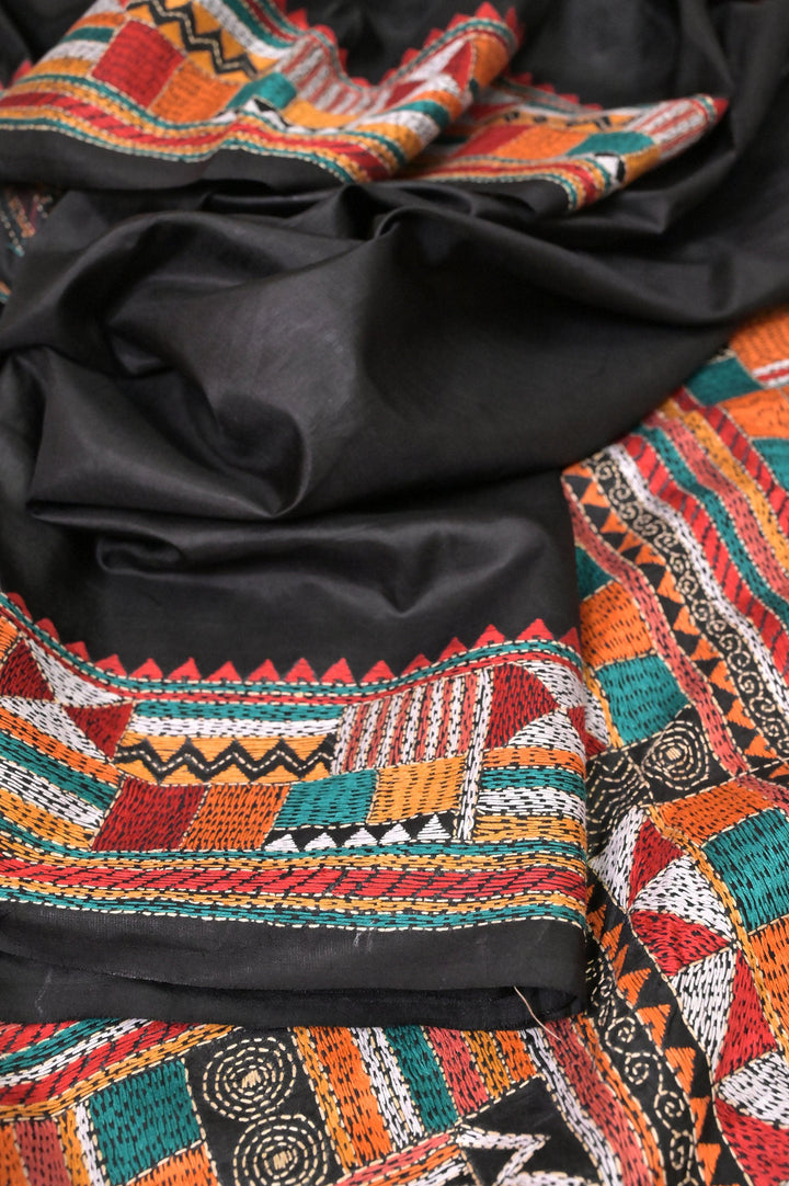 Jet Black Color Bangalore Silk Saree with Hand Kantha Stitch Embroidery Work