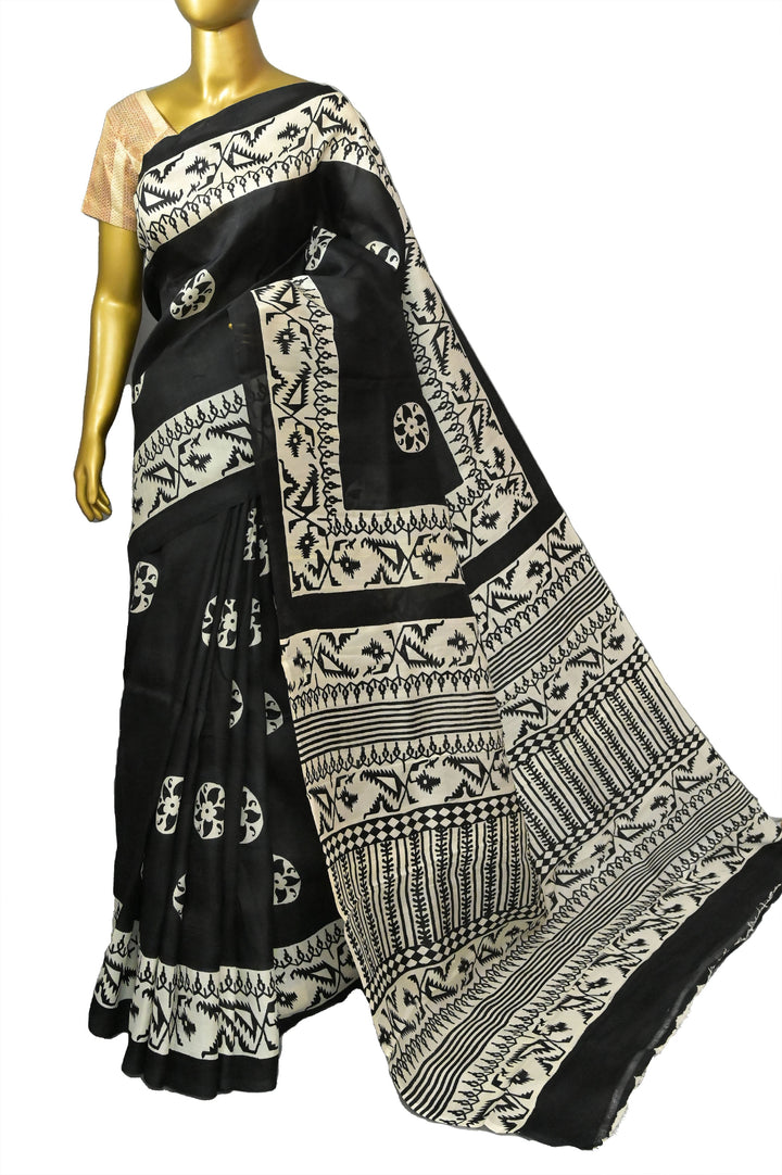 Jet Black Color Bishnupur Silk Saree with Block Print Work