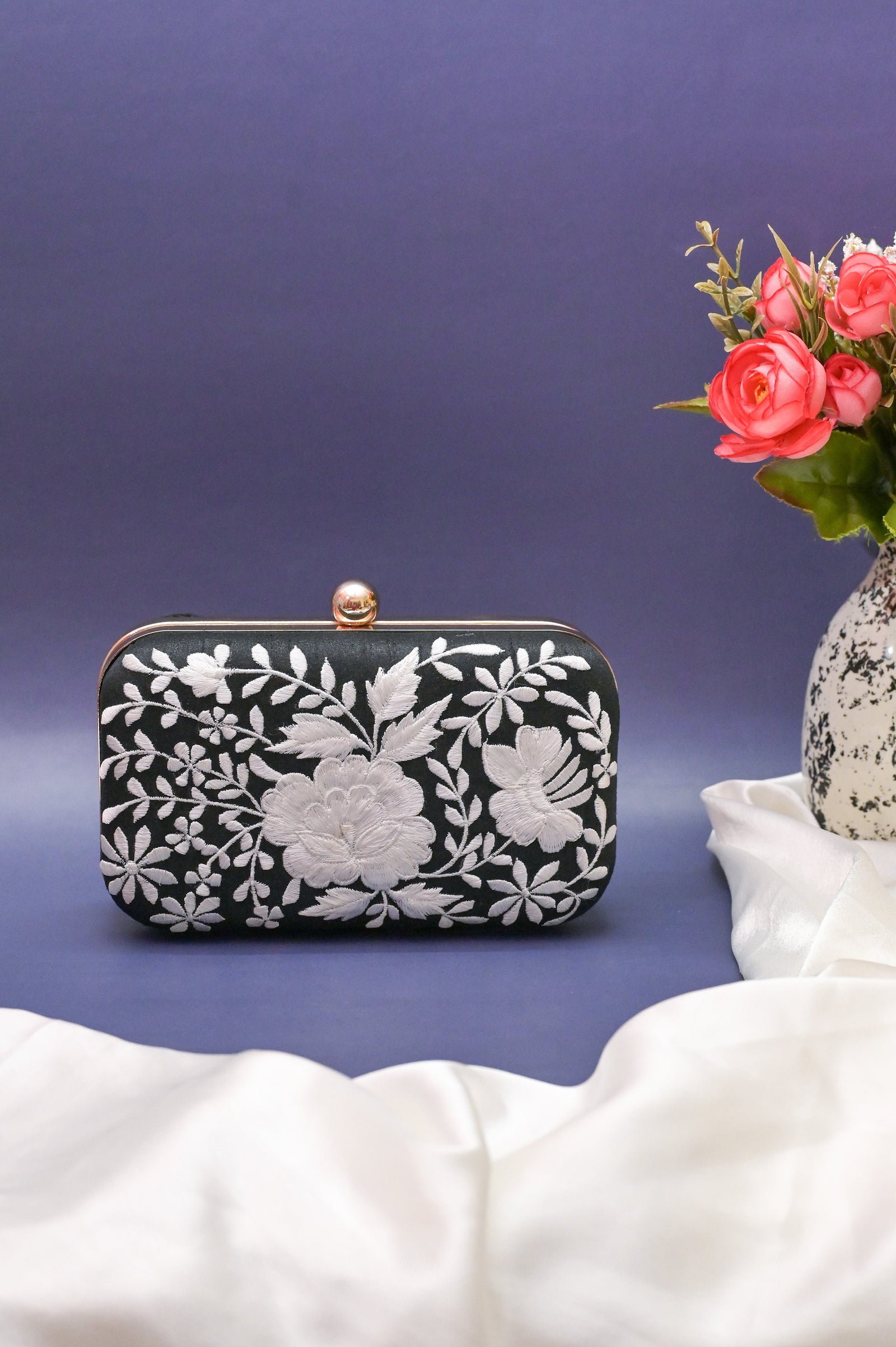 Jet Black Color Clutch Bag with Multi-Colored Parsi Gara Hand Embroidery Work