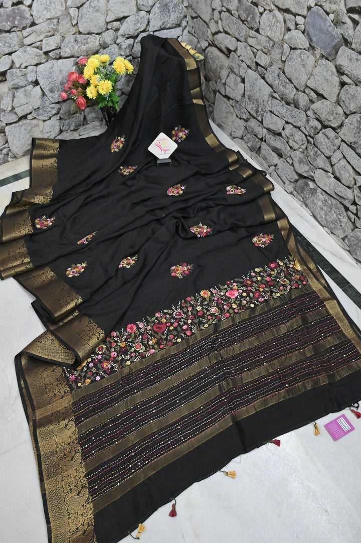 Jet Black Color Kantha Stitched Chinon Silk with Hand Bullion Embroidery and French Knot