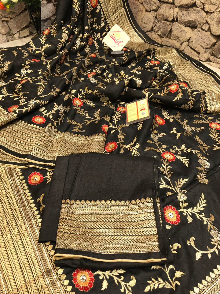 Jet Black Color Muga Tussar Silk Saree with Embroidery and Meenakari Zari Work