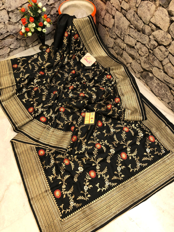 Jet Black Color Muga Tussar Silk Saree with Embroidery and Meenakari Zari Work