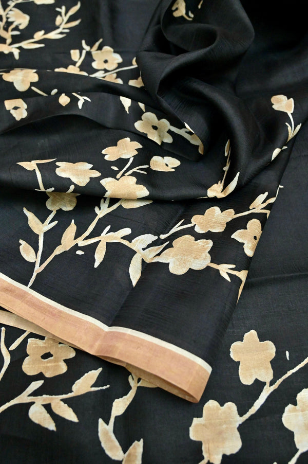 Jet Black Color Pure Bishnupur Silk Saree with Block Print Work