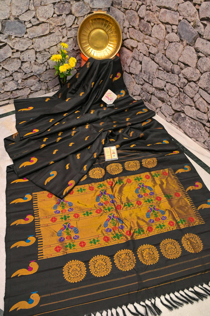 Jet Black Color Pure Gadwal Silk Saree with Meenakari & Paithani Design Border