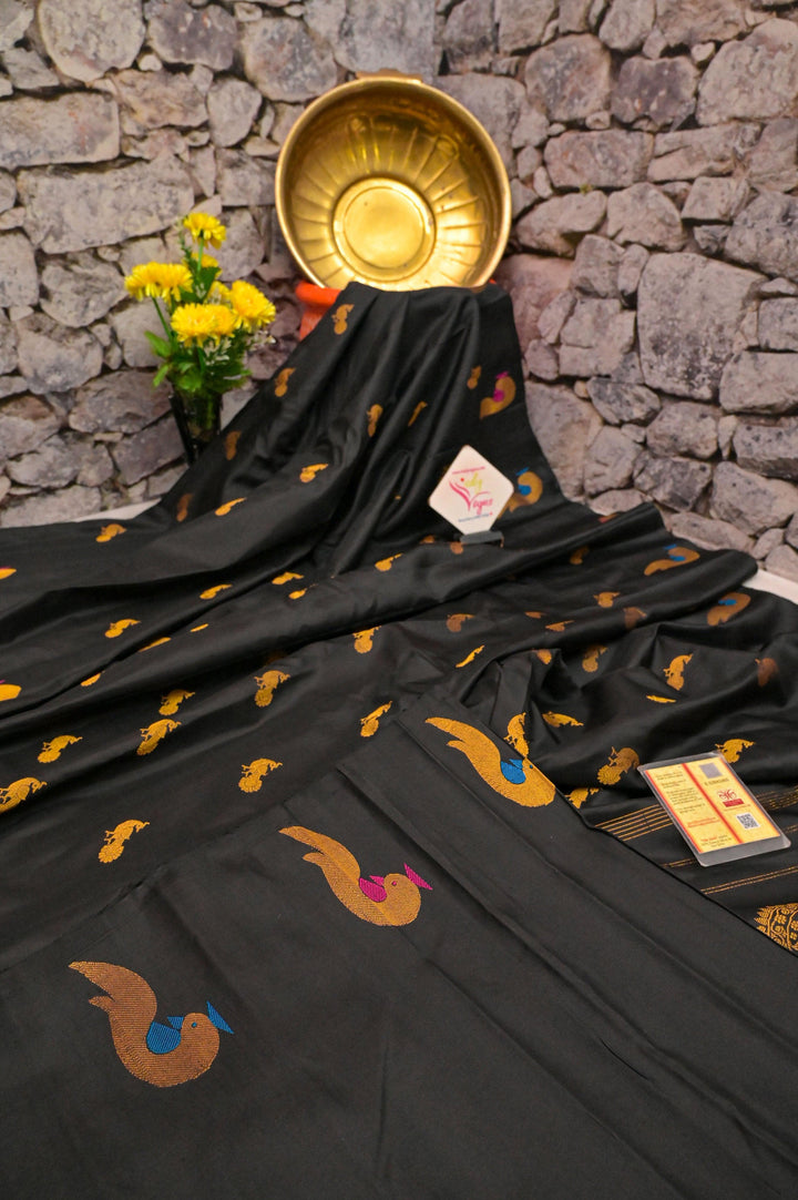 Jet Black Color Pure Gadwal Silk Saree with Meenakari & Paithani Design Border