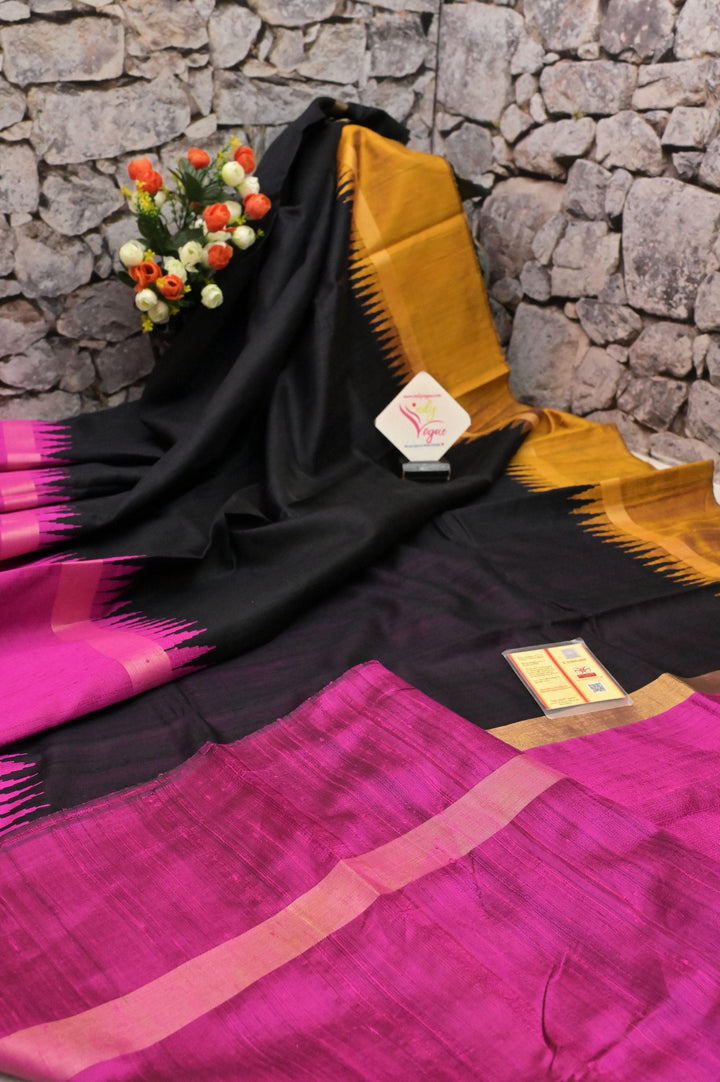 Jet Black Color Pure Raw Silk Saree with Ganga Jamuna Border