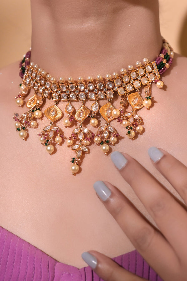 Jharoka Kundan Choker Necklace Set with Pearl Work