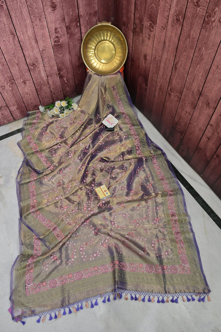Lavender and Golden Color Tissue Banarasi with Embroidery Work in