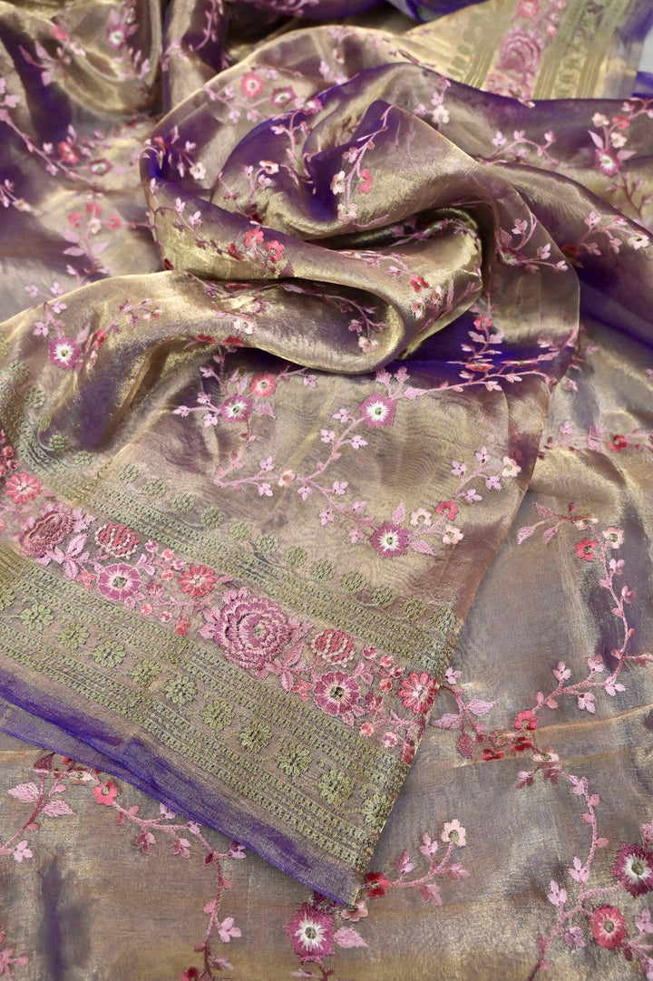 Lavender and Golden Color Tissue Banarasi with Embroidery Work in