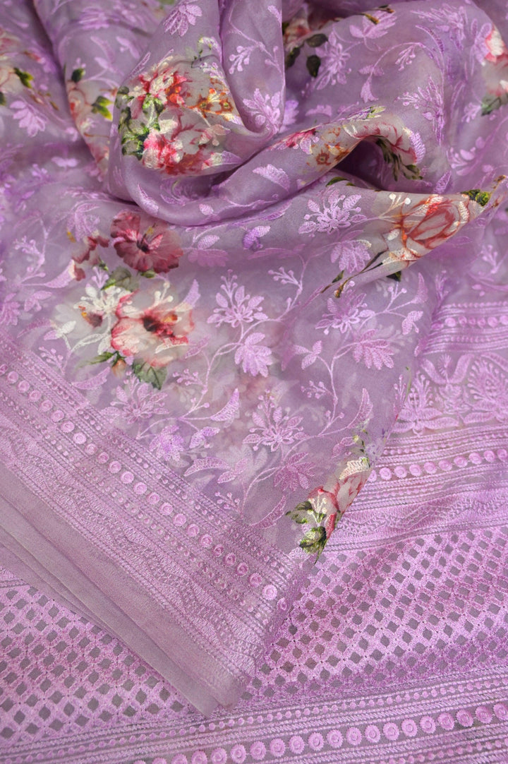 Lavender Color Designer Organza Saree with Chikankari and Digital Print