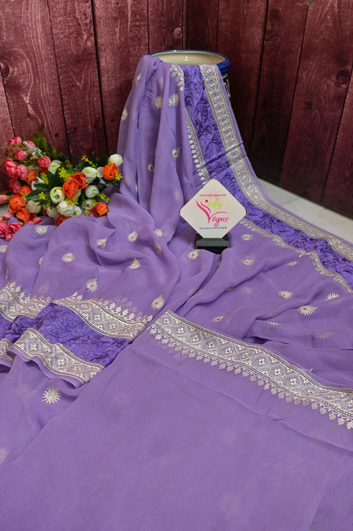 Lavender Color Georgette Saree with Allover Embroidery and Butta
