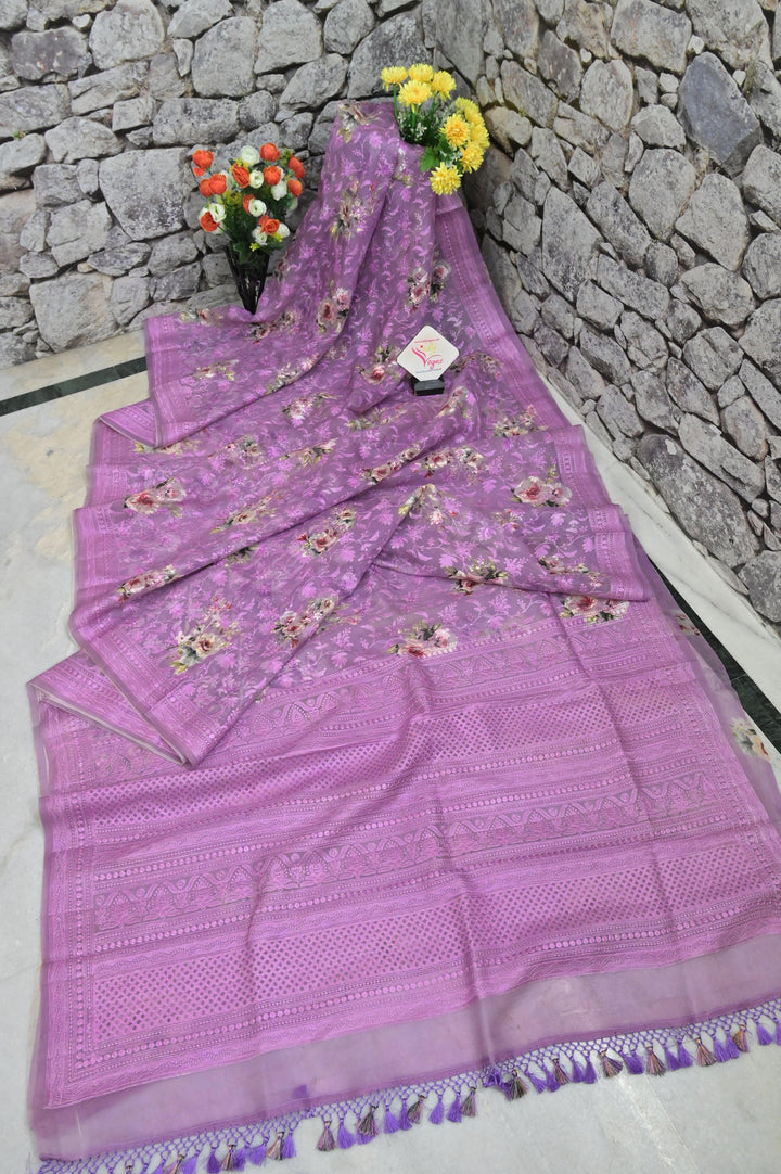 Lavender Color Organza Saree with Digital Print and Chikankari Embroidery Work