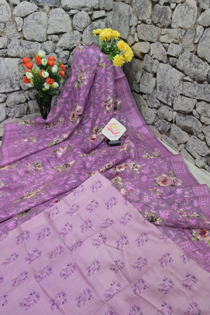 Lavender Color Organza Saree with Digital Print and Chikankari Embroidery Work