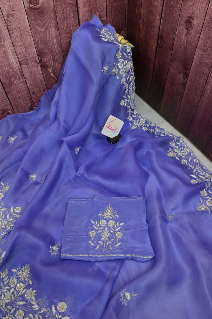 Lavender Color Pure Organza Saree with Hand Pearl and Cutdana Embroidery Work