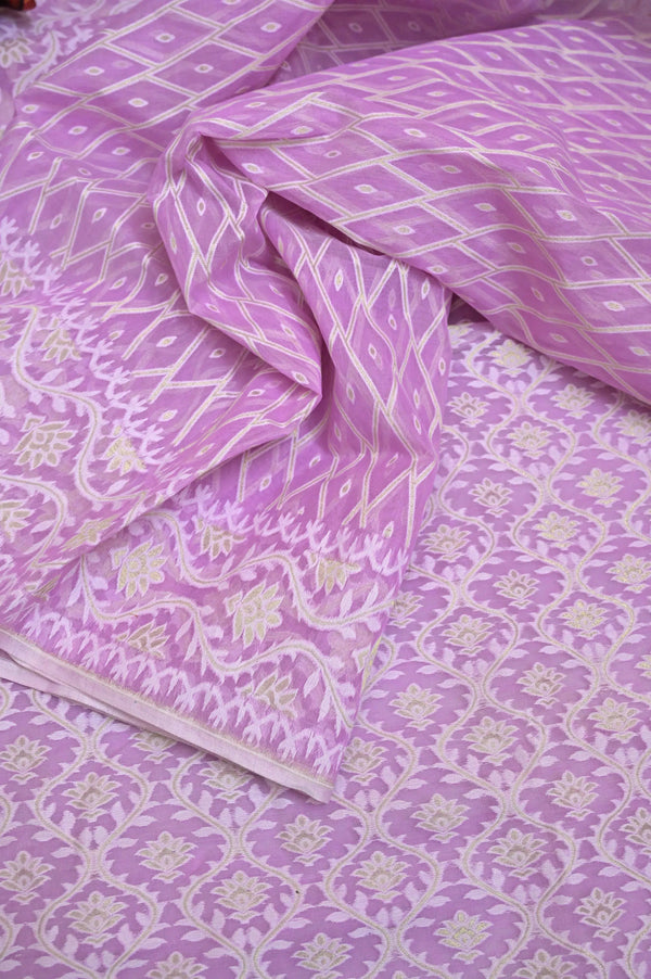 Lavender Pink Color Jamdani Saree with Jamdani and Zari Weaving