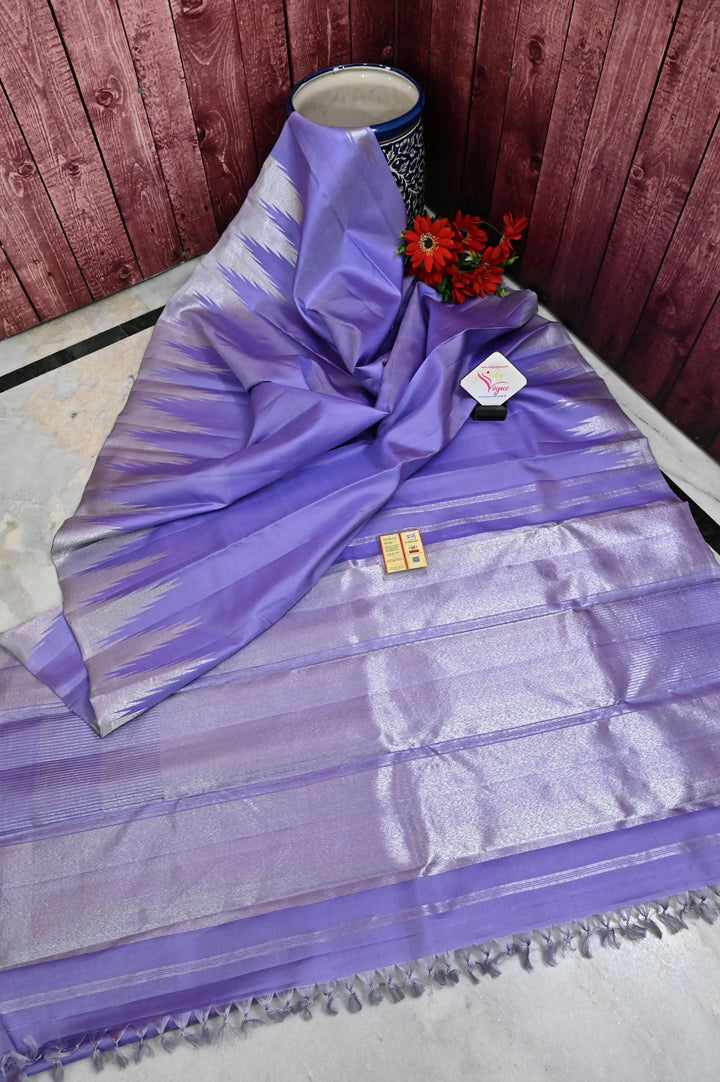 Lavender Pure Kanjeevaram Silk Saree with Silver Zari Work and Temple Border
