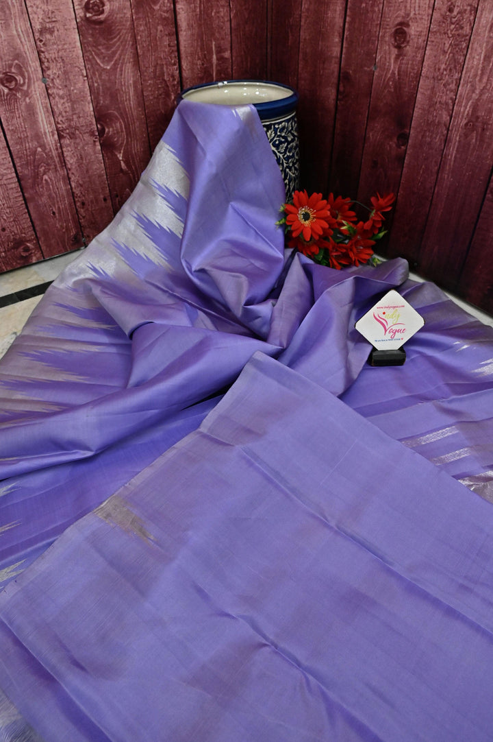 Lavender Pure Kanjeevaram Silk Saree with Silver Zari Work and Temple Border
