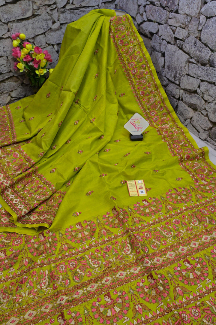 Leaf Green Color Pure Bangalore Silk Saree with Madhubani Style Embroidery