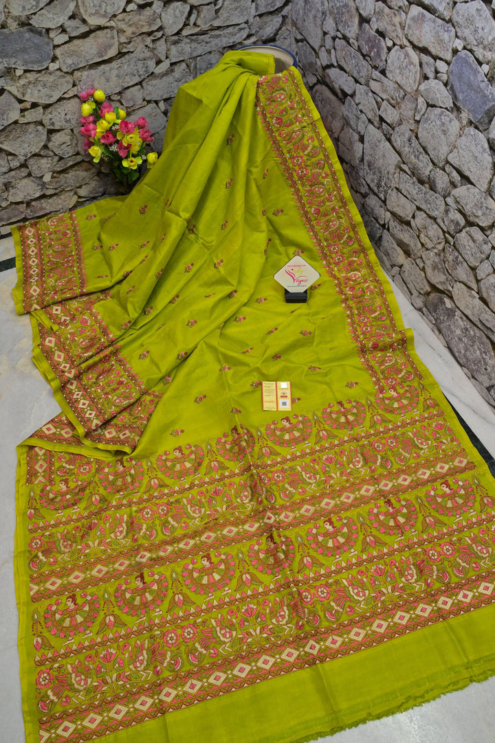 Leaf Green Color Pure Bangalore Silk Saree with Madhubani Style Embroidery
