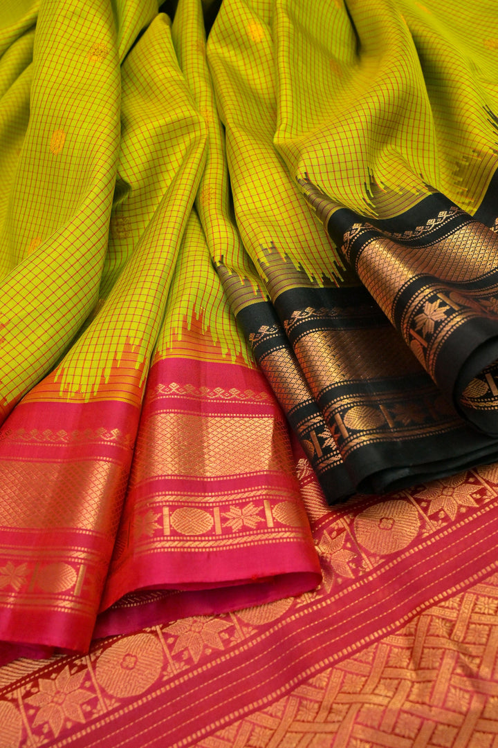 Leaf Green Color Pure Gadwal Silk Saree with Check Work & Ganga Jamuna Border