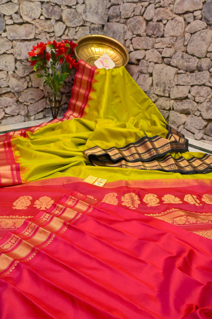 Leaf Green Color Pure Gadwal Silk Saree with Check Work & Ganga Jamuna Border