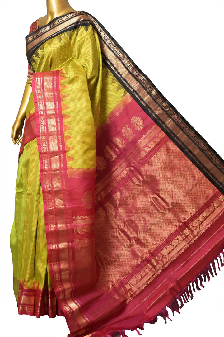 Leaf Green Color Pure Gadwal Silk Saree with Check Work & Ganga Jamuna Border