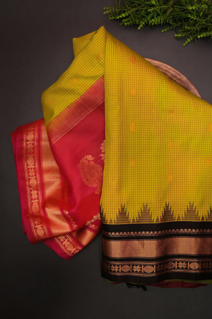 Leaf Green Color Pure Gadwal Silk Saree with Check Work & Ganga Jamuna Border