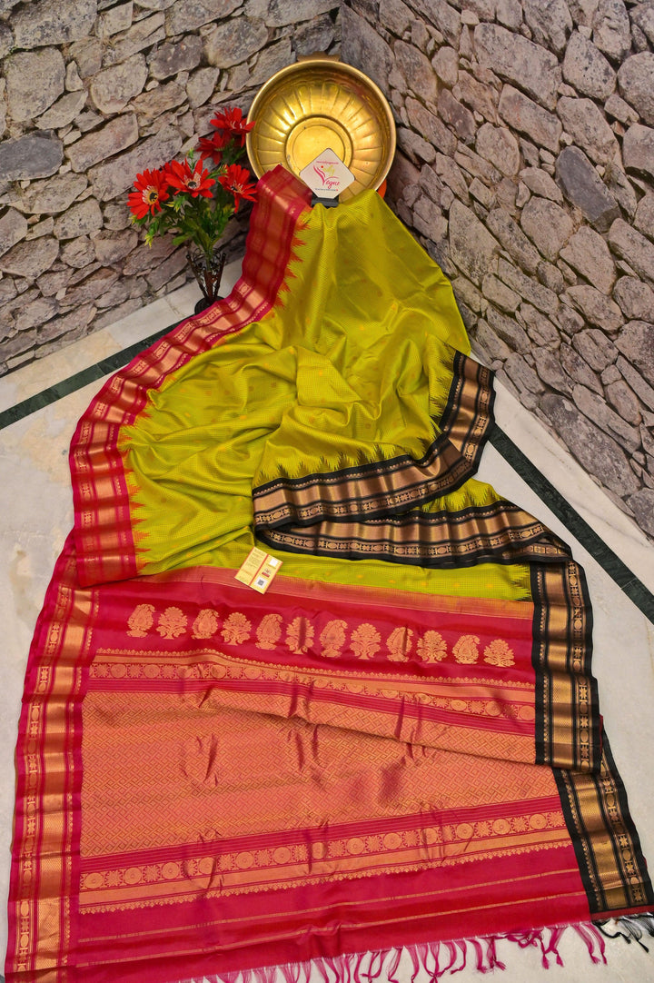 Leaf Green Color Pure Gadwal Silk Saree with Check Work & Ganga Jamuna Border
